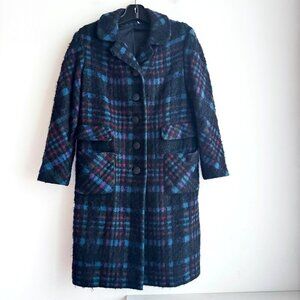 Vintage Wool Bouclé Black Blue Plaid Winter Coat S/M